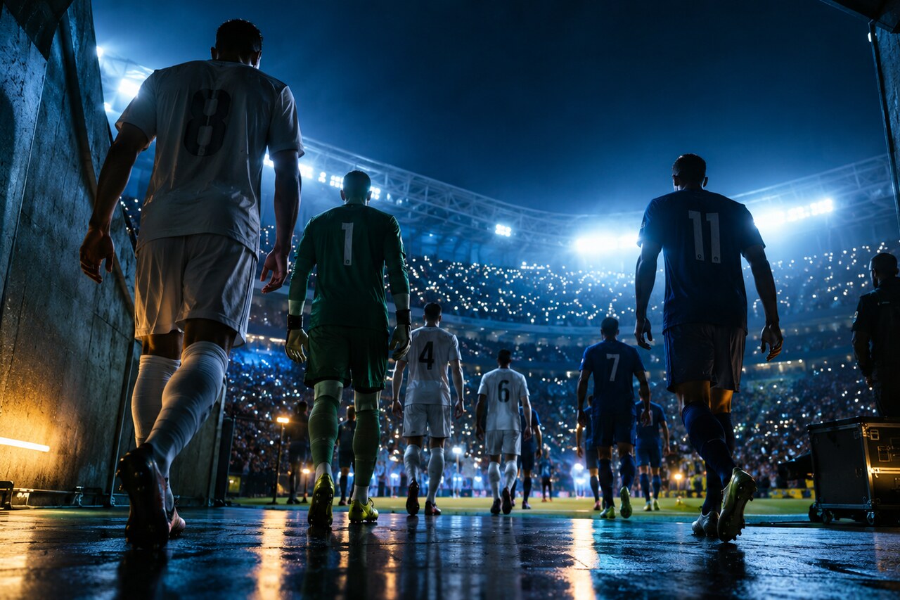 Football players entering a floodlit stadium before a live match