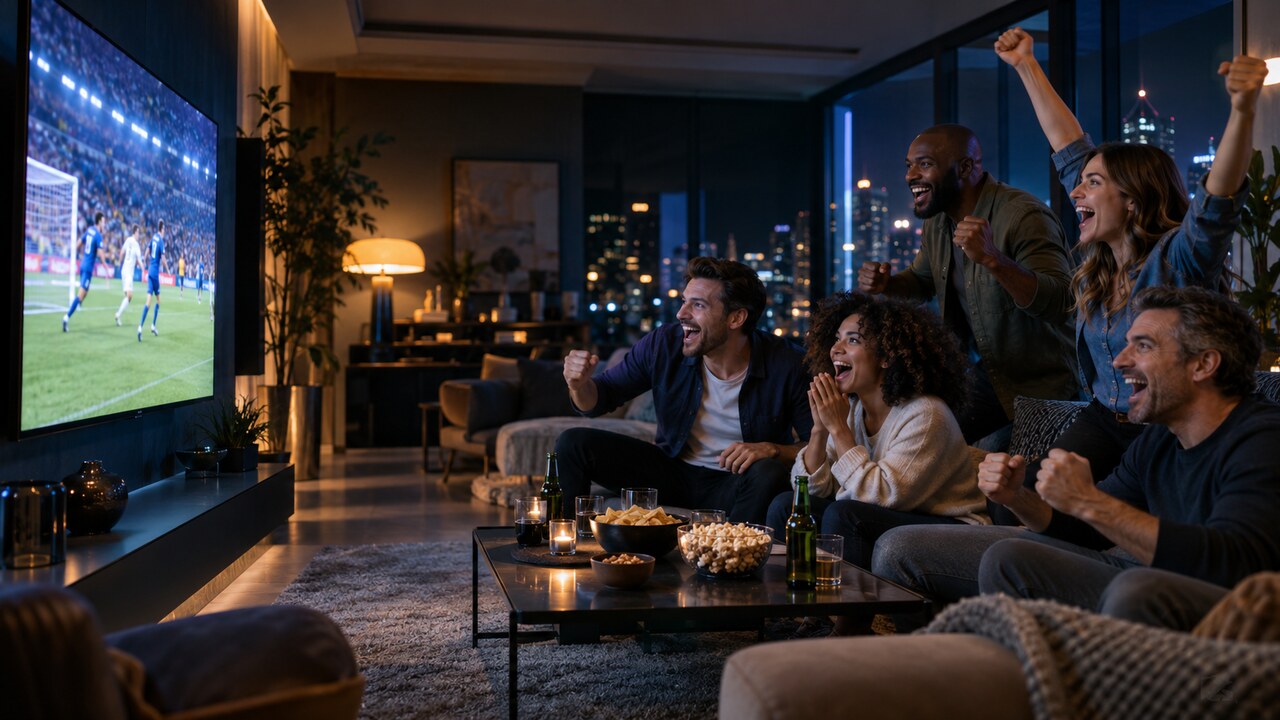 Family sharing an exciting live football match in a modern living room